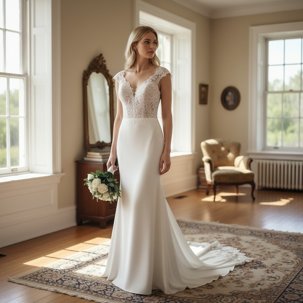 Off the Shoulder Lace Bodice Wedding Dress White Satin High Low Train Gown